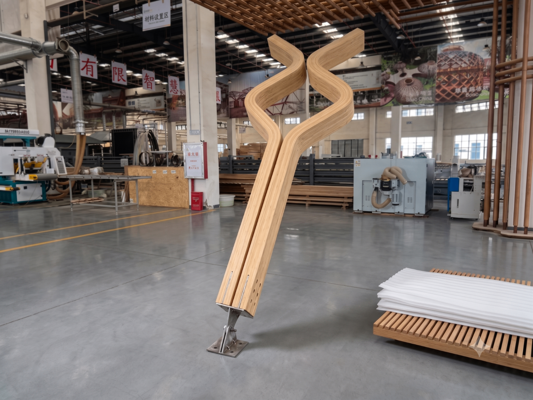 Pieza estructural de bambú laminado en planta industrial